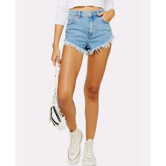 Topshop Kiri High-Waisted Distressed Denim Frayed Jean Shorts w/ Pockets - Picture 1 of 7